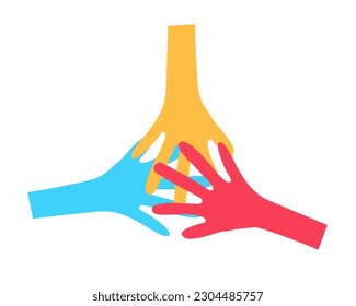 3 hands huddling, coming together. Vector icon doodle illustration for unity, partnership and teamwork