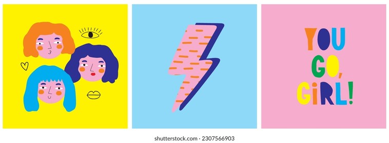 3 Happy Girls with Colorful Hear. Hand Drawn Vector Illustration with Girlfriends. Thunderbolt Print. You Go Girl Poster. Young Women Cartoon Characters.Girl Power,Feminism, Sisterhood Idea Print.