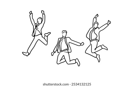 3 feliz salto homem contínuo linha arte desenho isolado no fundo branco. Saltando a arte da linha do homem. Ilustração do vetor	 