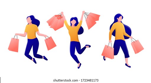 3 happy women jumping with shopping bags in their hands during the sale or discount, vector cartoon flat illustration.