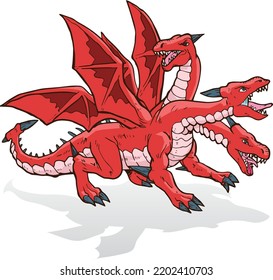 3 Head Red Dragon Monster Beast Color Vector Illustration