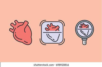 3 heart icon with Magnifying glass. Illustration about medical check concept and internal organ