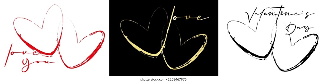 3 heart shape designs. Red, black on white background, gold on black background. Symbol of love.