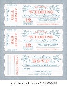 3 hi detail Vector Grunge Tickets for Wedding Invitations and Save the Date. Each ticket is on 3 different layers with Text, texture effect and background shape separated.