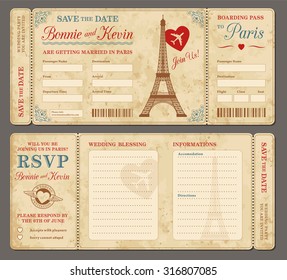 3 hi detail Vector Grunge Tickets for Wedding Invitations and Save the Date. Each ticket is on 4 different layers with Text, Deco, texture effect and background shape separated.
