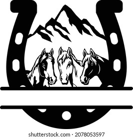 3 Horses With Mountain Background, Horseshoe Monogram