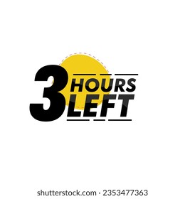 3 Stunden verbleibendes Countdown-Badge mit Vektornummer und Timer-Illustration. Countdown-Links-Angebot, Werbeaufkleber, Business-limitierte Sonderaktion, bestes Deal-Emblem oder Logo einzeln 