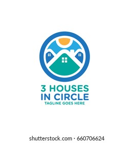 3 Houses in Circle Logo Design for Property, Residence and Real Estate Company