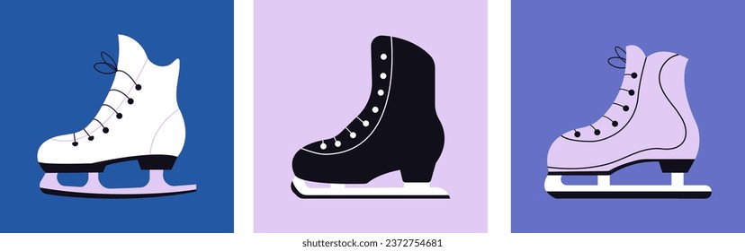 3 carteles de zapatos de patinaje sobre hielo. Tarjetas de invitación para deportes de invierno. Patinaje vectorial en afiches de plantillas de hielo.