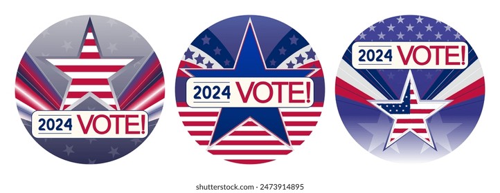 3 iconos insignia pin Botón EE.UU. VOTO 2024, Elecciones Presidenciales, mitad de mandato, Cámara, elecciones al Senado. Estilo de campaña electoral estadounidense, Símbolos electorales, Bandera de Estados Unidos de América.