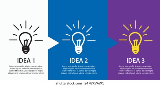 3 luces de ideas se iluminan en diferentes colores. Plantilla de información gráfica con el concepto de encontrar 3 ideas diferentes.