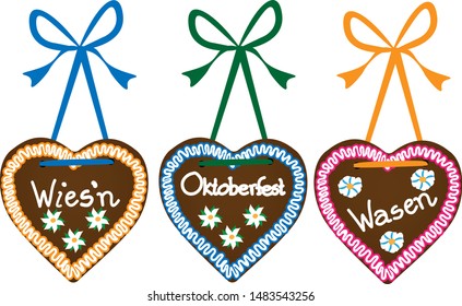 3 illustrated gingerbread hearts Oktoberfest with inscriptions: Oktoberfest, Wasen, Wies'n (tradition german names for festival)