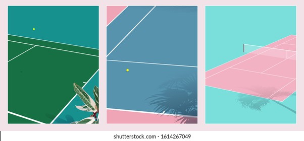 3 illustration of peaceful nostalgic seaside tennis court, pastel modern minimalist - vintage style background illustration