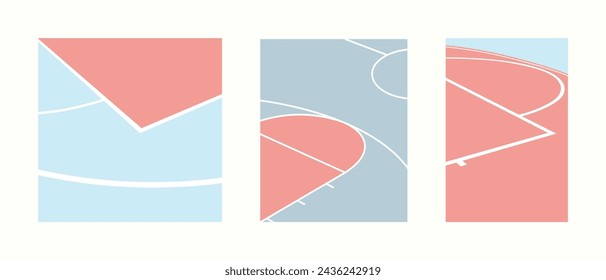 3 illustration of peaceful nostalgic seaside tennis court, pastel modern minimalist - vintage style background illustration. Pink and blue. Woman's court. Sport. Poster. Pink and blue