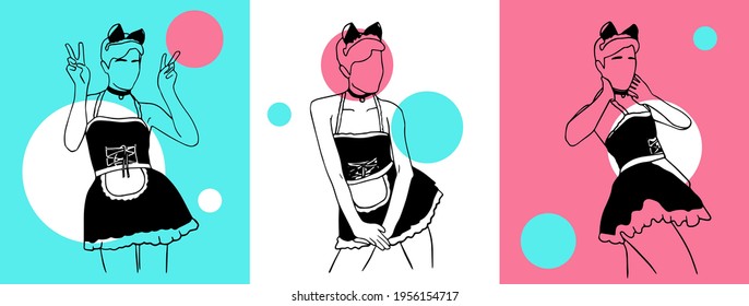 3 Illustrations Of Cute Guy In Maid Costume, Doing Tiktok Dance. Great For Social Media Posts And Stories