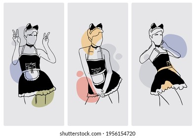 "3 illustrations of cute guy in maid costume