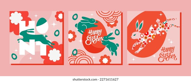 3 Illustrations for a happy Easter day in warm, spring colors. Modern design, minimalist style. This design will perfectly complement your project and make it more festive.