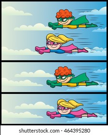 3 illustrations of super kids flying. 