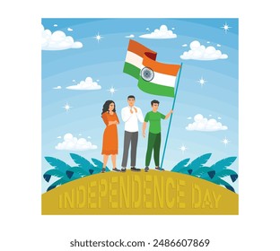 3 indios con bandera india. Celebrando el Día de la Independencia de India. Concepto del Día de la Independencia de India. Ilustración vectorial plana.