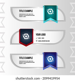 3 infographics in the form of slides with text boxes and colored banners for icons or logo, example of logo and ornate background