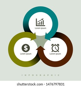 3 inter connected circle with arrow mark to depict flow infographic with dummy icon and text illustration - Vector