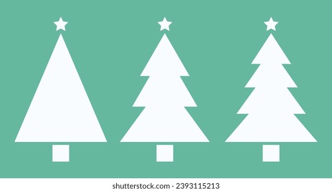 3 Isolated White Christmas Trees with Stars on Green Background vector template