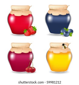 3 Jam Jars And Honey Jar, Isolated On White Background, Vector Illustration