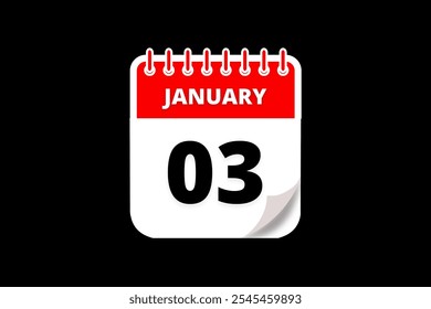 3 January calendar icon text page monthly web design on red, white and black background vector, icon, or illustration with the month of January 3