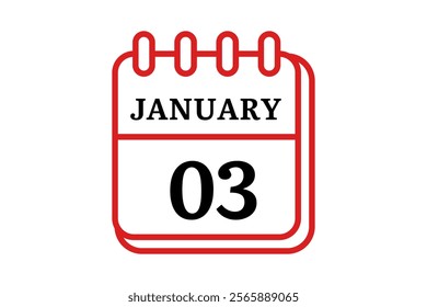 3 January calendar icon text page monthly web design on red, black and white background vector, icon, or illustration with the month of January 3