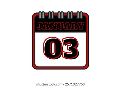 3 January calendar icon text page monthly web design on red, black and white background vector, icon, or illustration with the month of January 3