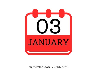 3 January calendar icon text page monthly web design on red, black and white background vector, icon, or illustration with the month of January 3