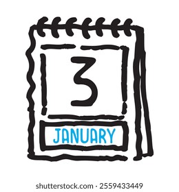 3 January date calendar - A simple yet elegant line art illustration of a date calendar captures the essence of organization and timekeeping. The clean lines and minimalistic design