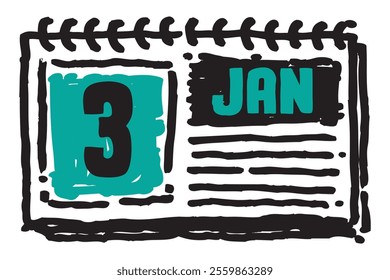 3 January date long table calendar - A simple yet elegant line art illustration of a table date calendar captures the essence of organization and timekeeping and note lines sketch art 