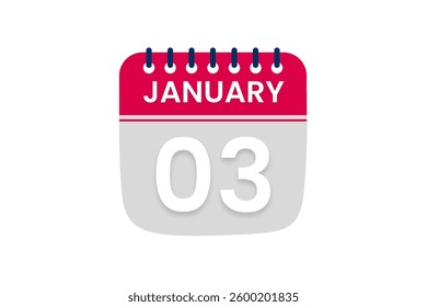 3 January month single day vector, illustration, calendar with red, off white and white color background calendar January 3