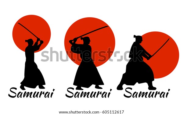 赤い月に刀を入れた日本の武士3人がシルエット ベクターイラスト のベクター画像素材 ロイヤリティフリー 605112617