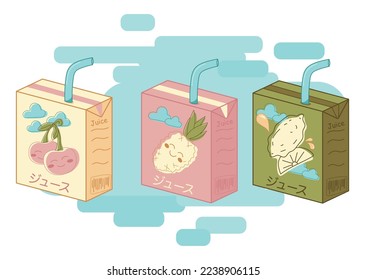 3 juice packets with different flavors in Asian style and hieroglyphics. Cherry, pineapple, lemon. Asian drinks, healthy food, natural juice vector illustration