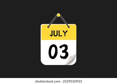 3 de julio Diseño web mensual de la página de texto del ícono del calendario en el Vector, el ícono o la ilustración amarillos, rojos, negros y blancos del fondo con el mes del 3 de julio