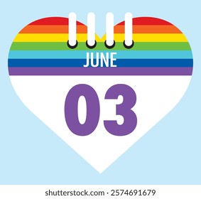 3 June calendar icon pride color heart shape on light sky blue color background, calendar vector symbol for the month of  June.