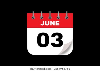 3 June calendar icon text page monthly web design on red, white and black background vector, icon, or illustration with the month of June 3