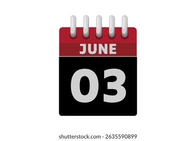 3 June calendar icon text page monthly web design on red, black and white background vector, icon, or illustration with the month of June 3