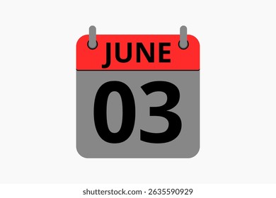 3 June calendar icon text page monthly web design on red, black and white background vector, icon, or illustration with the month of June 3