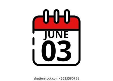 3 June calendar icon text page monthly web design on red, black and white background vector, icon, or illustration with the month of June 3