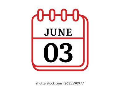 3 June calendar icon text page monthly web design on red, black and white background vector, icon, or illustration with the month of June 3