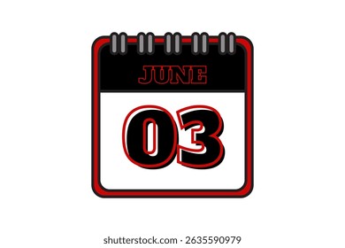 3 June calendar icon text page monthly web design on red, black and white background vector, icon, or illustration with the month of June 3