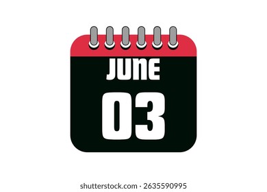 3 June calendar icon text page monthly web design on red, black and white background vector, icon, or illustration with the month of June 3