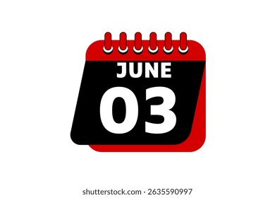 3 June calendar icon text page monthly web design on red, black and white background vector, icon, or illustration with the month of June 3