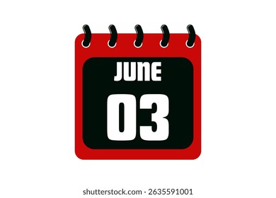 3 June calendar icon text page monthly web design on red, black and white background vector, icon, or illustration with the month of June 3