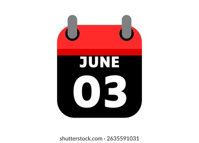 3 June calendar icon text page monthly web design on red, black and white background vector, icon, or illustration with the month of June 3