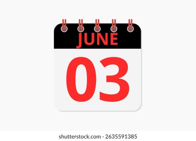 3 June calendar icon text page monthly web design on red, black and white background vector, icon, or illustration with the month of June 3