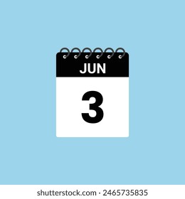 3 June calendar reminder. 3rd June Date Month calendar icon design template.